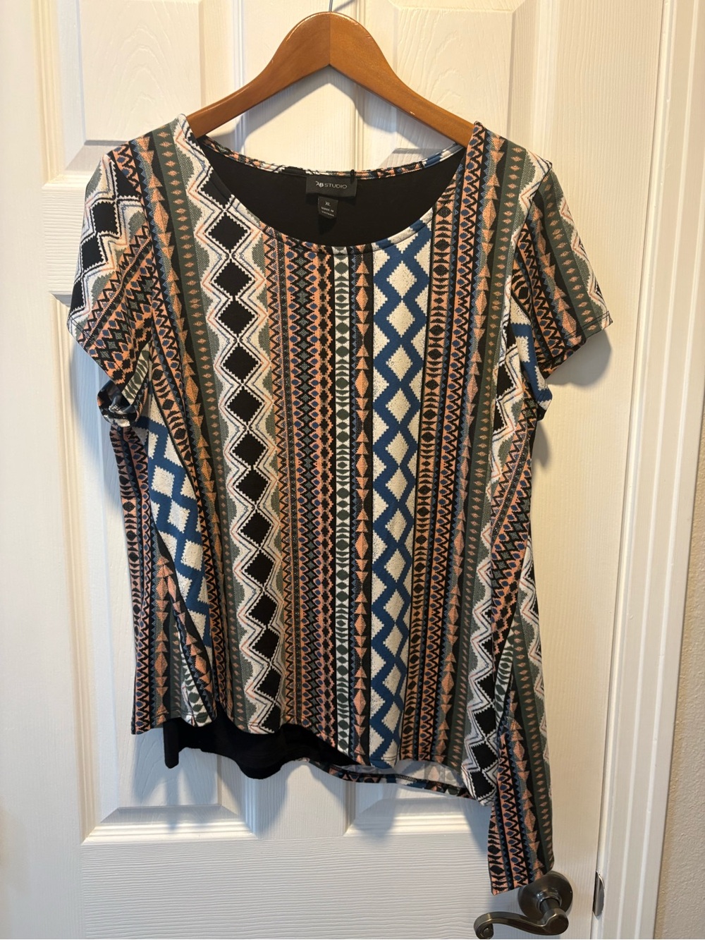 AB Studio Short Sleeve Aztec Stripe Top in Blue, Green & Pink